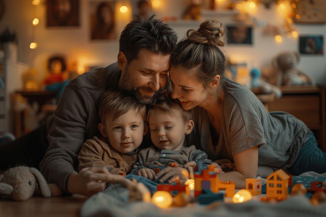 Une famille heureuse jouant avec des jouets dans une pièce chaleureuse.