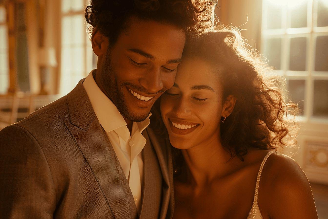 Jeune couple s'étreignant et souriant avec bonheur