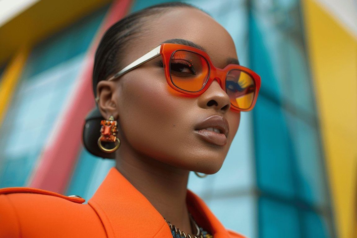 Femme à lunettes oranges posant dans un décor coloré