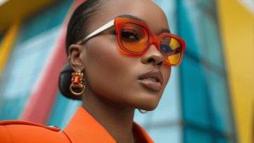 Femme à lunettes oranges posant dans un décor coloré
