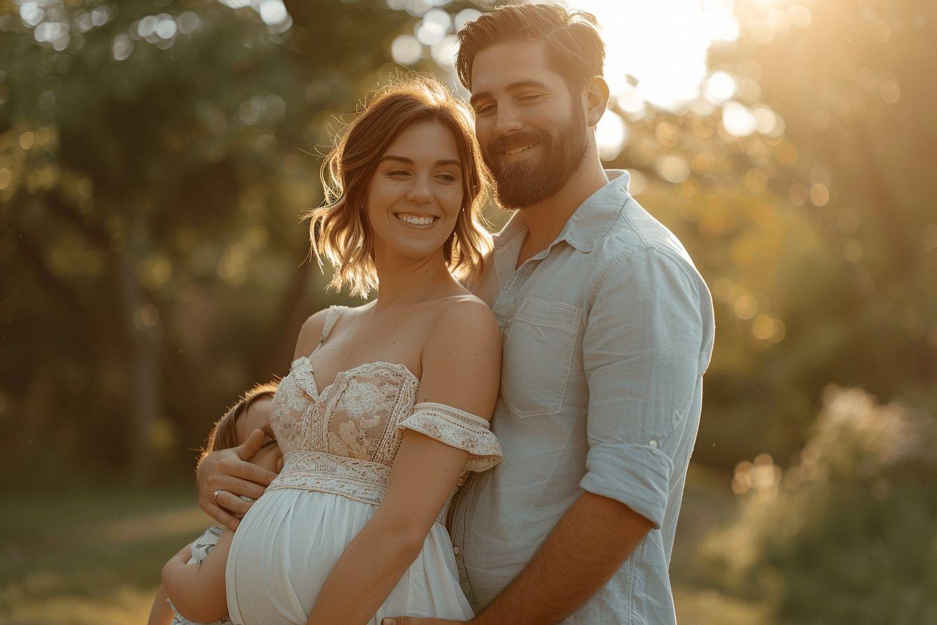 Couple souriant enlacé dans un cadre verdoyant, joyeux et amoureux