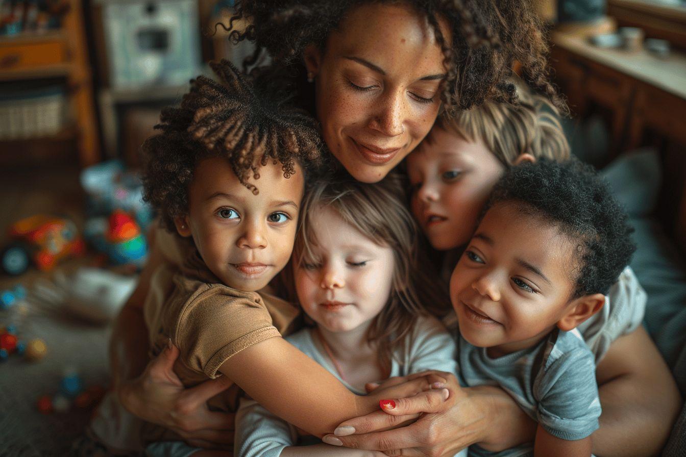 Une mère serrant trois enfants dans ses bras avec tendresse.