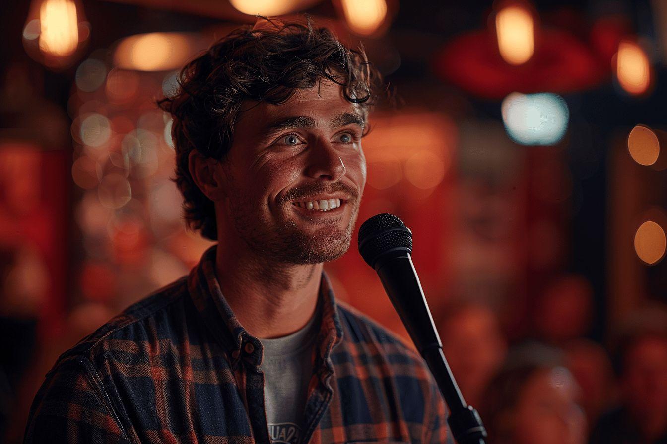 L'homme avec un microphone chante avec enthousiasme sous les lumières colorées.