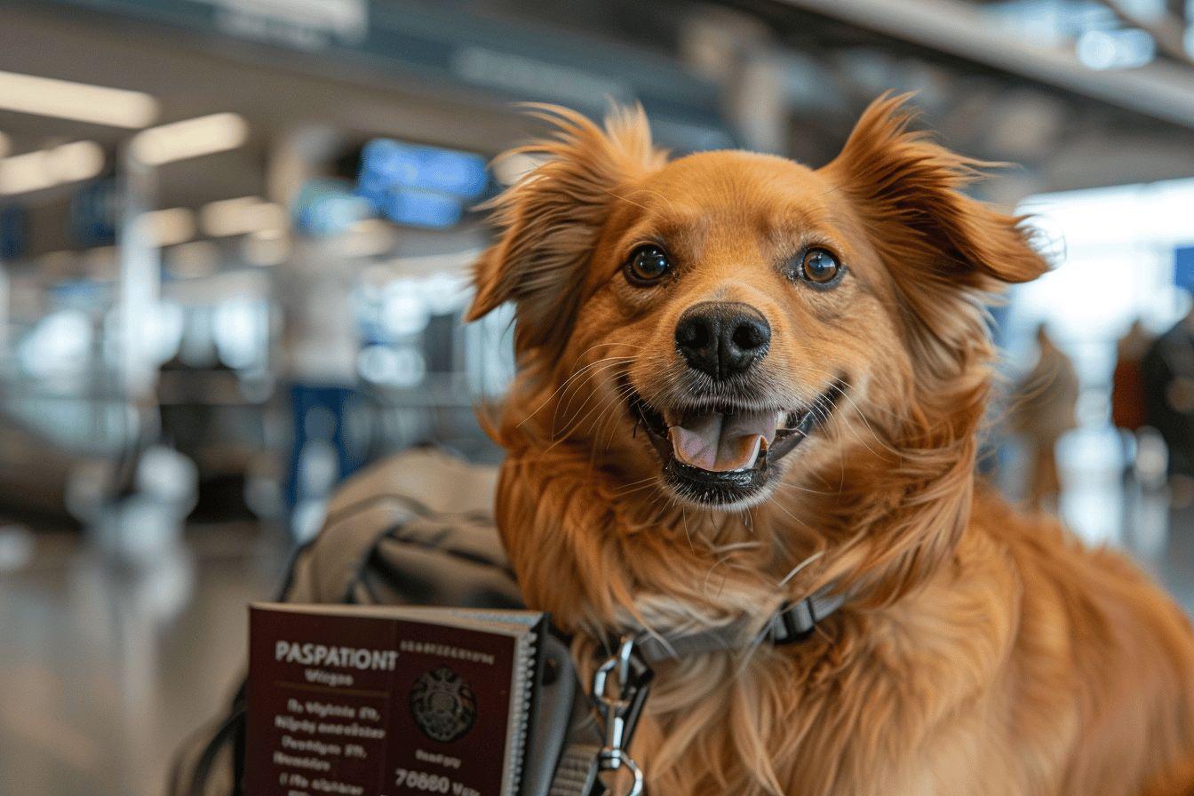Chien brun aux yeux brillants tenant un passeport dans la gueule