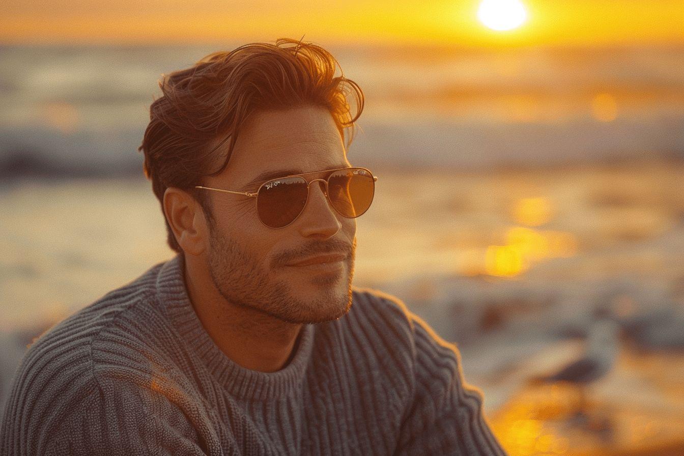Portrait d'un homme contemplant un coucher de soleil sur la mer