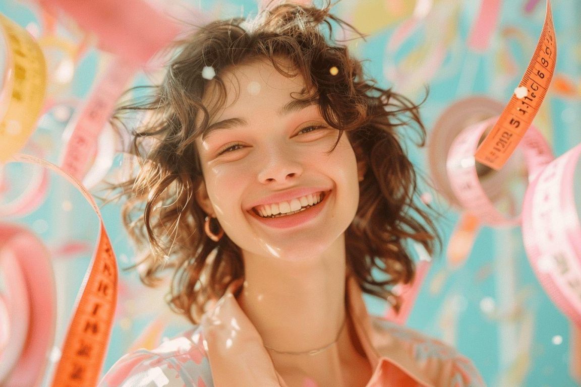 Une jeune fille souriante avec des cheveux bouclés dans un environnement coloré