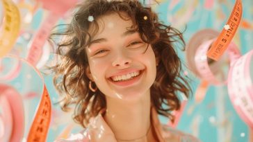 Une jeune fille souriante avec des cheveux bouclés dans un environnement coloré