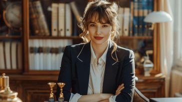Une femme souriante dans un bureau avec des étagères de livres.