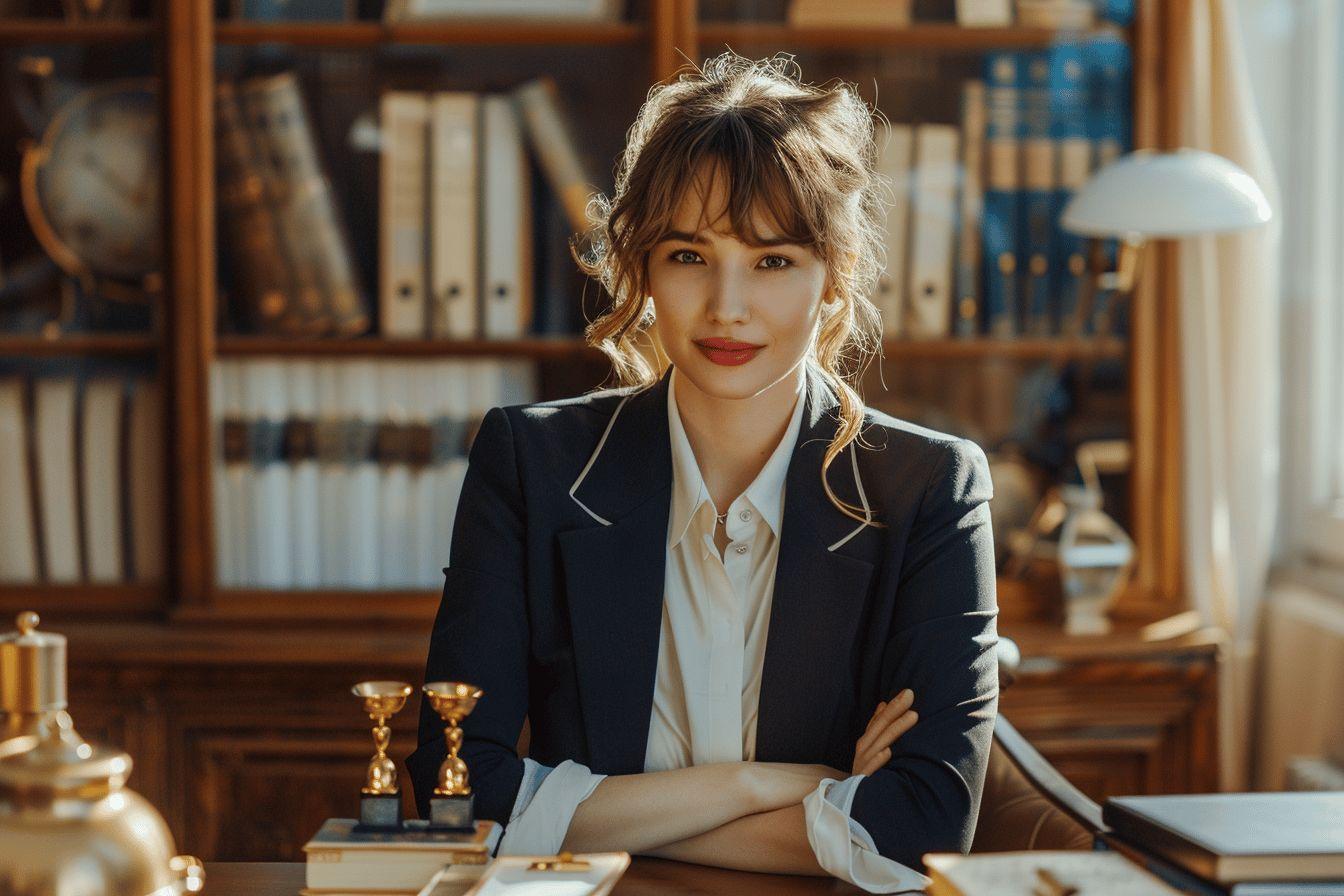 Une femme souriante dans un bureau avec des étagères de livres.