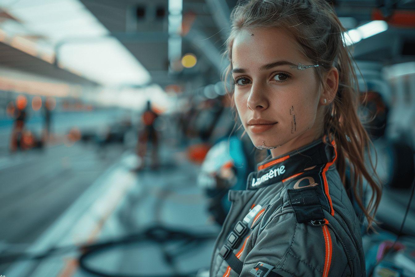 Une jeune femme aux cheveux blonds, vêtue d'une veste de sport, regarde avec détermination.