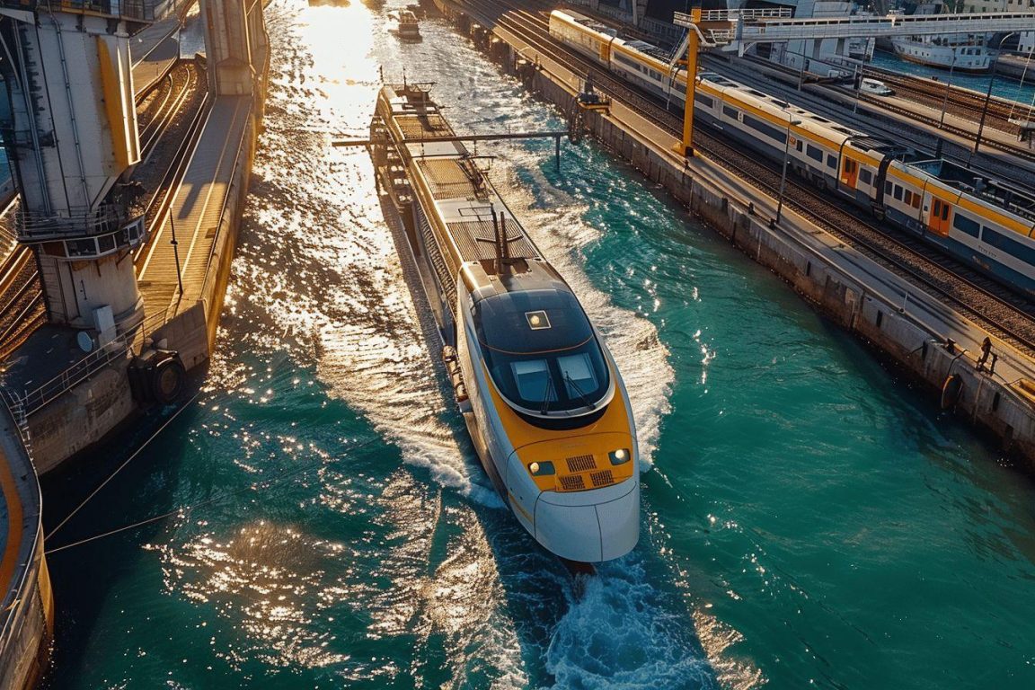 Train moderne à grande vitesse survolant un canal d'eau bleue scintillante
