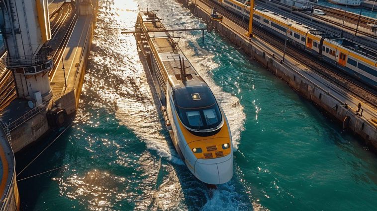 Train moderne à grande vitesse survolant un canal d'eau bleue scintillante