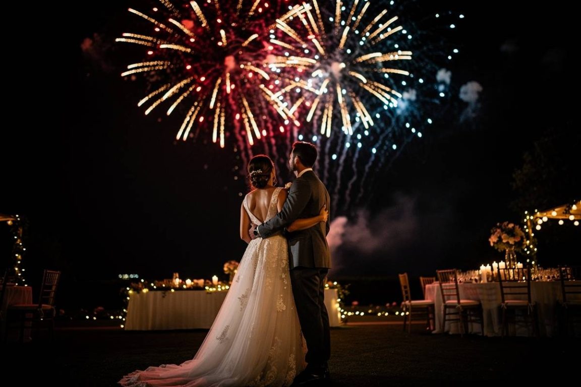 jeune mariés regardant feu d'artifice pendant leur mariage