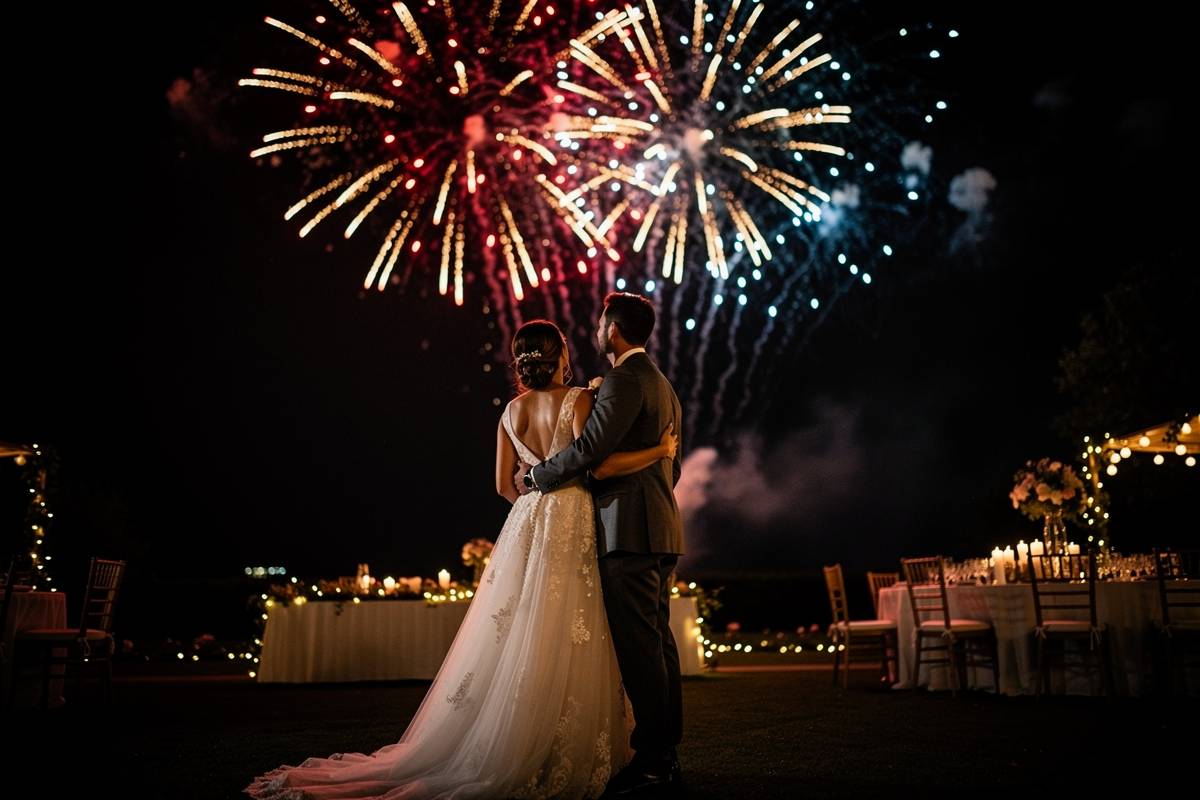 jeune mariés regardant feu d'artifice pendant leur mariage