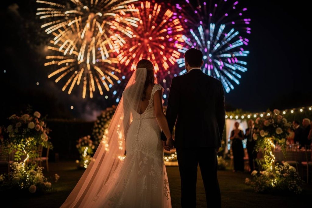 jeune mariés profitant du feu d'artifice de leur mariage 