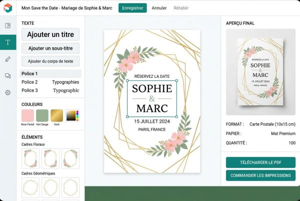 Carte save the date &eacute;l&eacute;gante avec fleurs et motifs dor&eacute;s, affichant les noms Sophie et Marc et la date 15 juillet 2024.