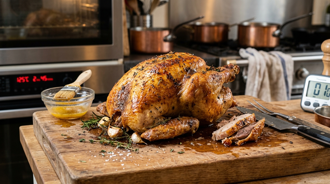 découvrez la méthode du chef pour un chapon moelleux, avec des techniques d'arrosage, de cuisson à basse température et de temps de repos pour un résultat parfait.