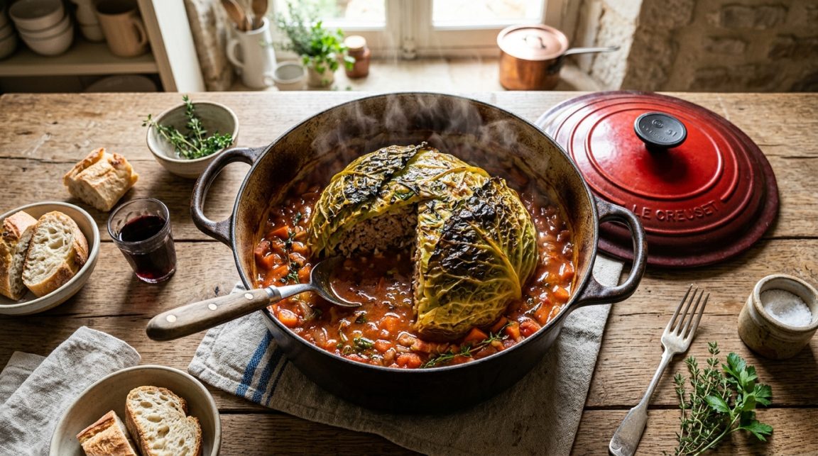 découvrez la recette traditionnelle du chou farci de grand-mère avec une farce savoureuse de veau et porc, mijotée doucement pendant 3 heures pour un plat tendre et plein de saveurs. recette complète et facile à suivre.