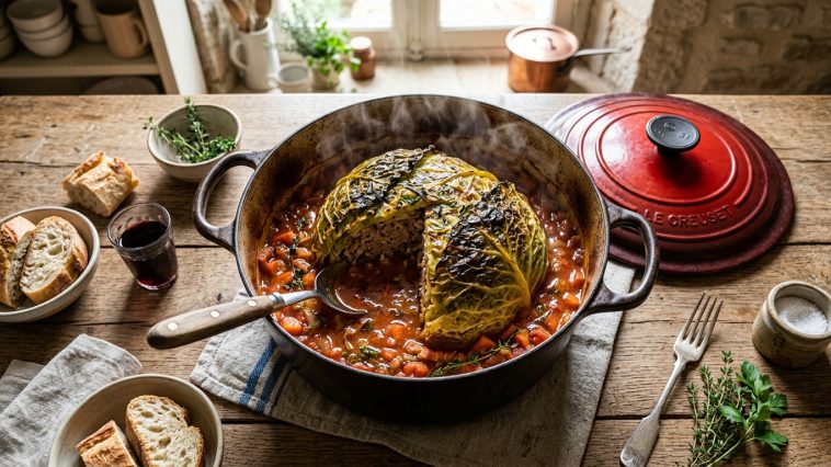 découvrez la recette traditionnelle du chou farci de grand-mère avec une farce savoureuse de veau et porc, mijotée doucement pendant 3 heures pour un plat tendre et plein de saveurs. recette complète et facile à suivre.
