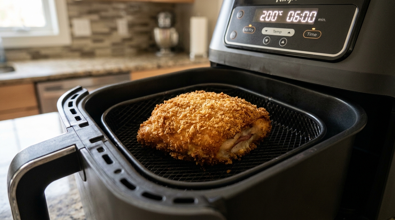 découvrez la température idéale et le temps de cuisson parfait pour un cordon bleu croustillant en air fryer, sans risque d'éclatement.
