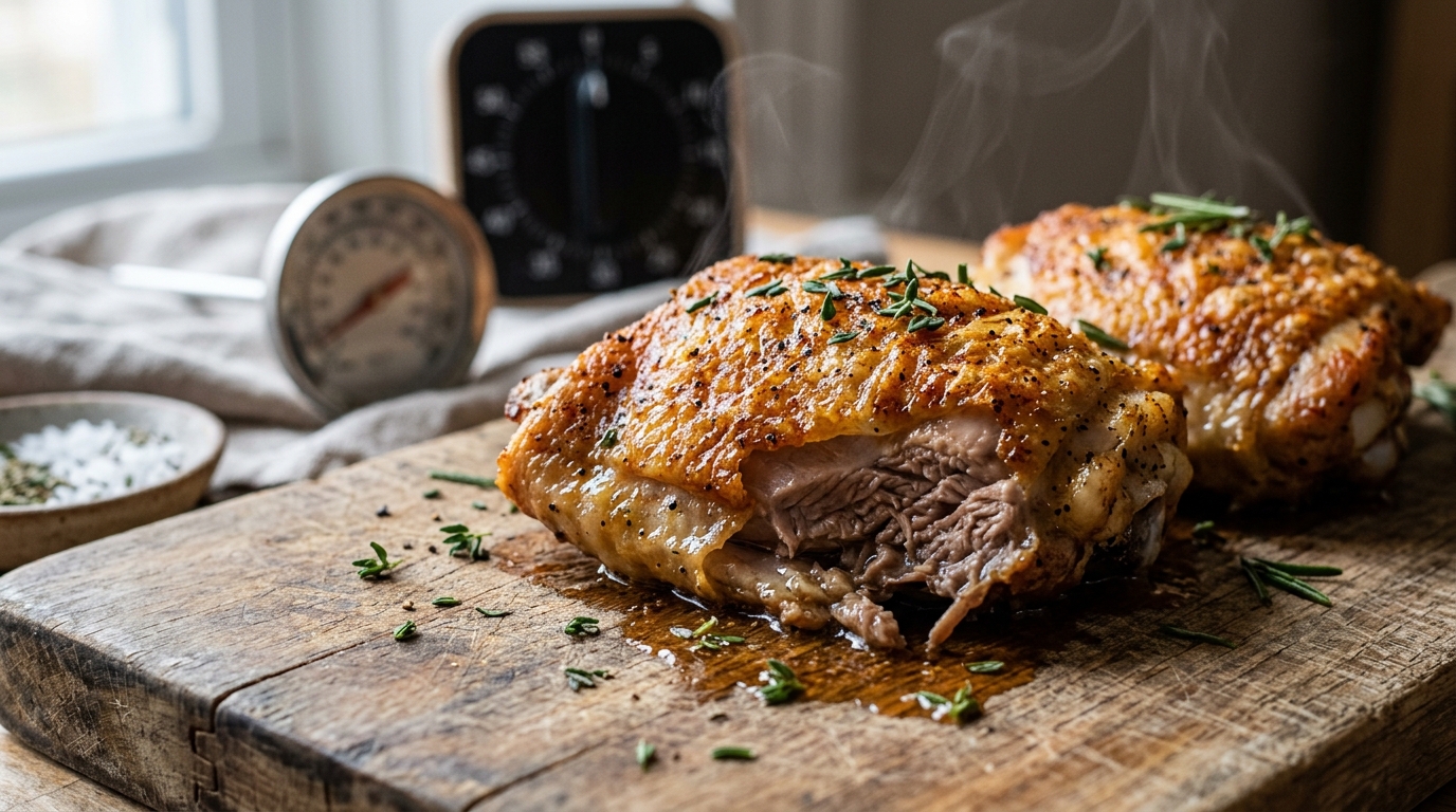 découvrez la recette parfaite de la cuisse de poulet au four avec une peau croustillante et une chair juteuse. apprenez la température idéale et la durée de cuisson pour un résultat savoureux et réussi à chaque fois.