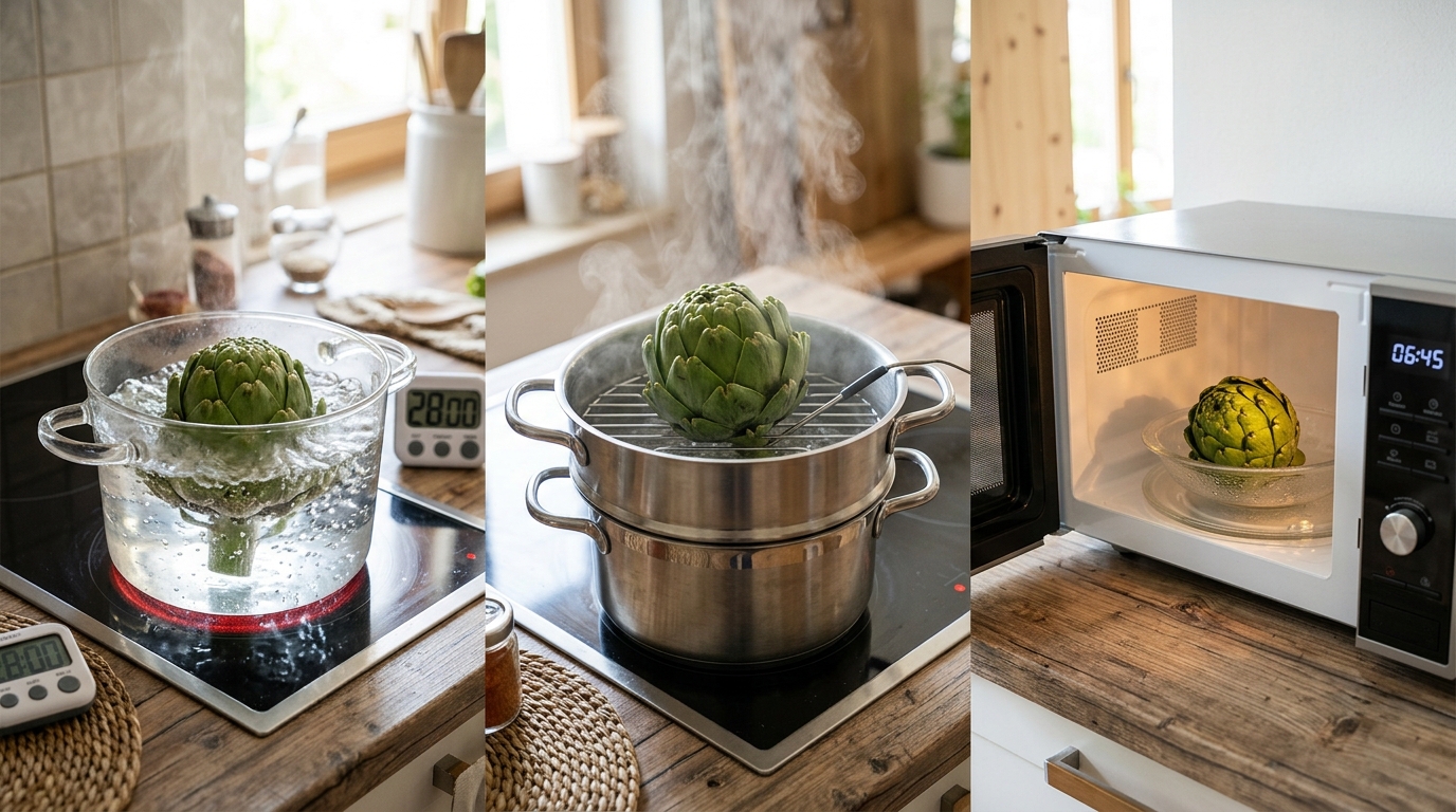 découvrez notre comparatif détaillé des méthodes de cuisson de l'artichaut : eau, vapeur et micro-ondes, avec des temps adaptés selon la taille pour une cuisson parfaite.