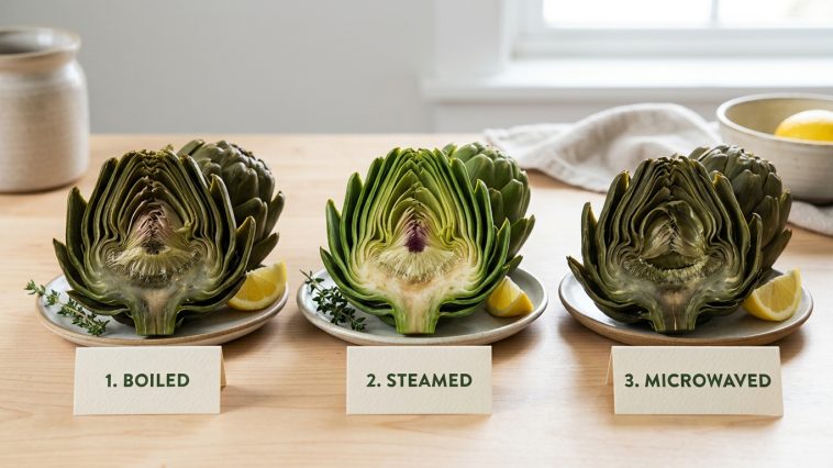 découvrez notre comparatif complet de cuisson de l'artichaut : eau, vapeur ou micro-ondes, avec les temps adaptés selon la taille pour une préparation parfaite.