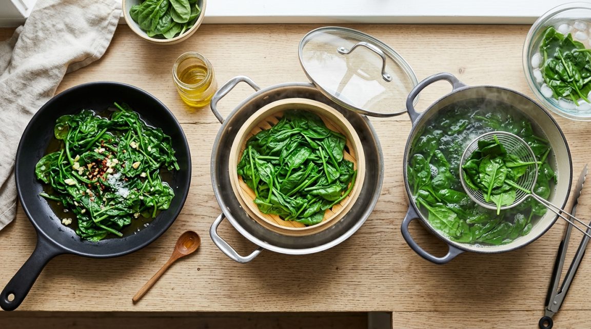 découvrez les meilleures méthodes pour cuire vos épinards frais : à la poêle en 3 minutes, à la vapeur ou à l'eau. comparaison des techniques avec temps de cuisson précis pour un résultat parfait.