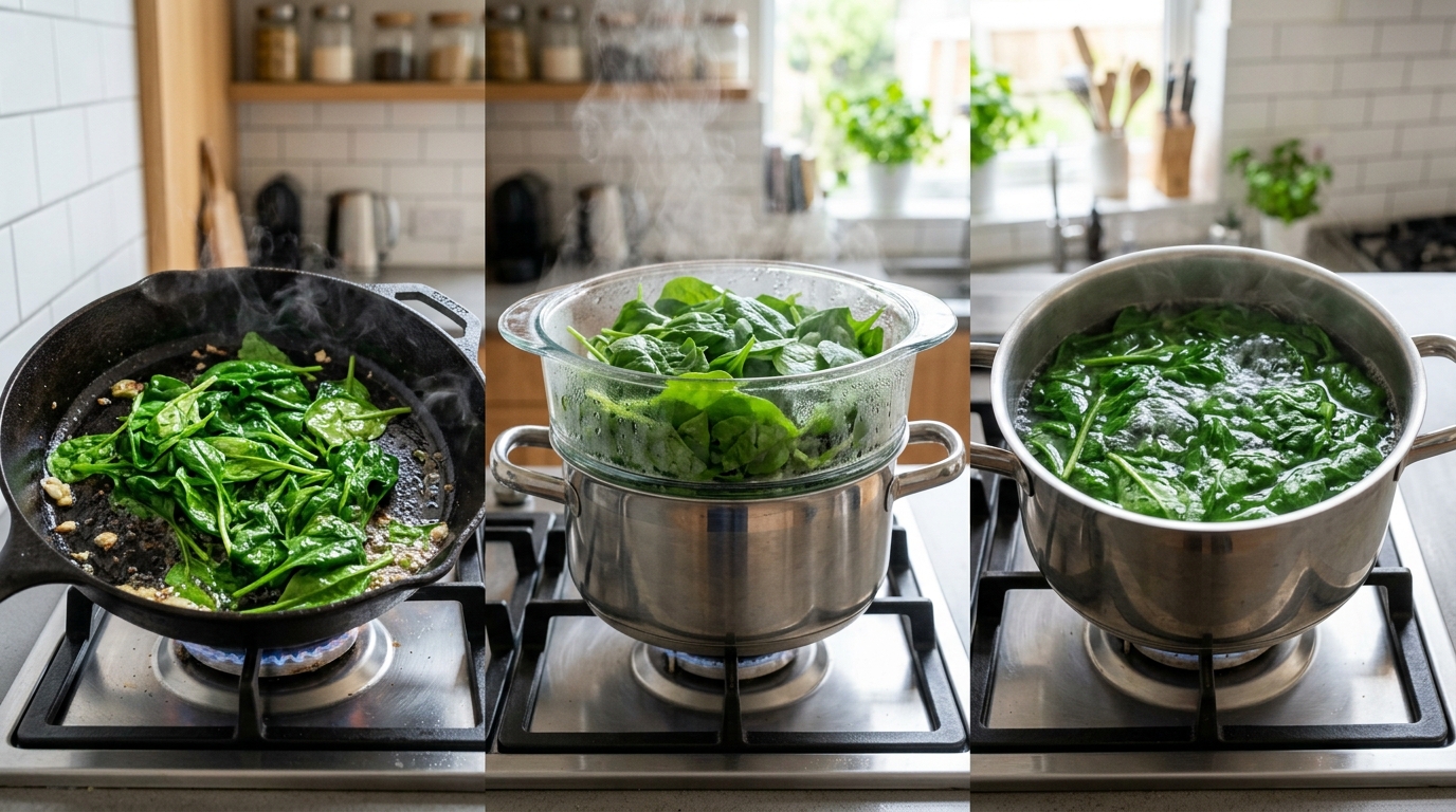 découvrez les méthodes efficaces pour cuire les épinards frais : à la poêle en 3 minutes, à la vapeur ou à l'eau, avec un comparatif précis des temps de cuisson.