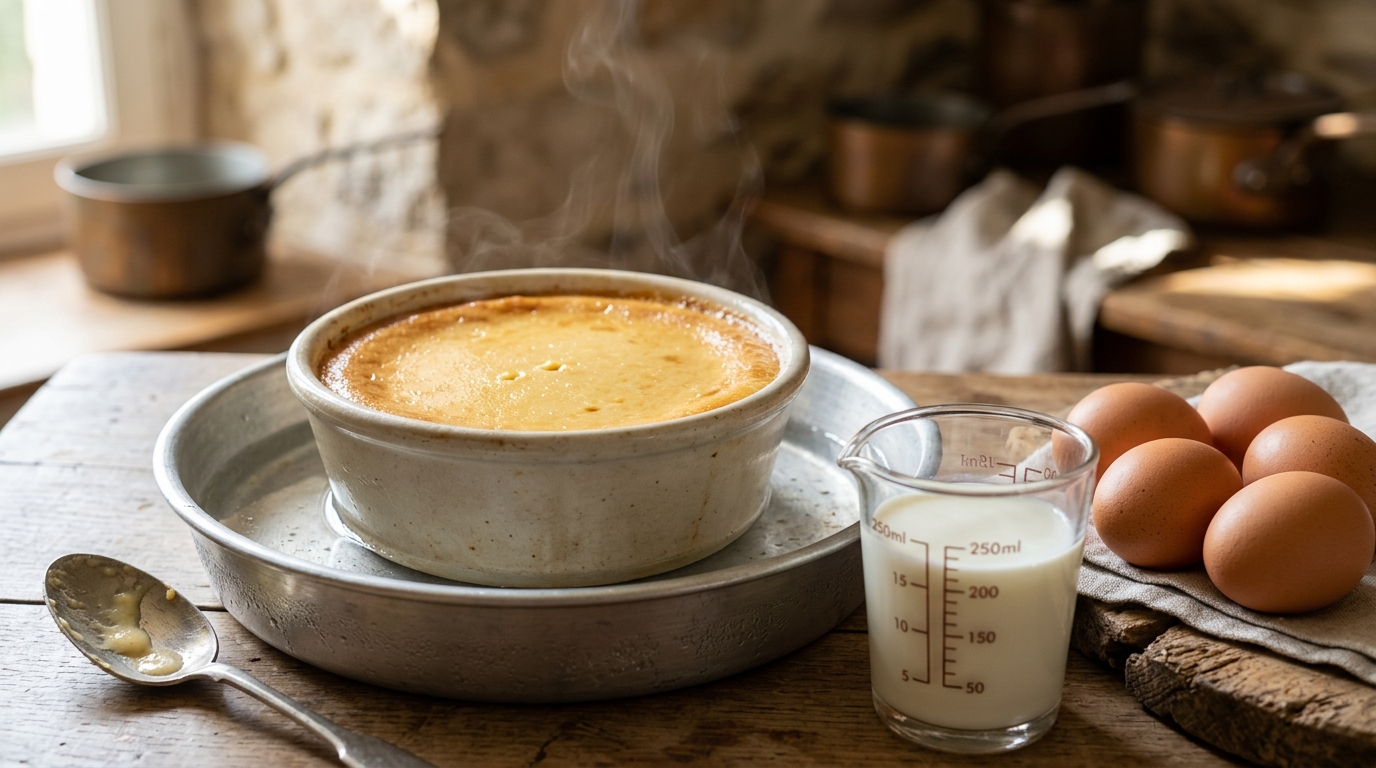 découvrez la recette traditionnelle des œufs au lait à l'ancienne avec le secret d'une texture ferme grâce au bon ratio lait/œuf et la cuisson au bain-marie pour un dessert parfait.