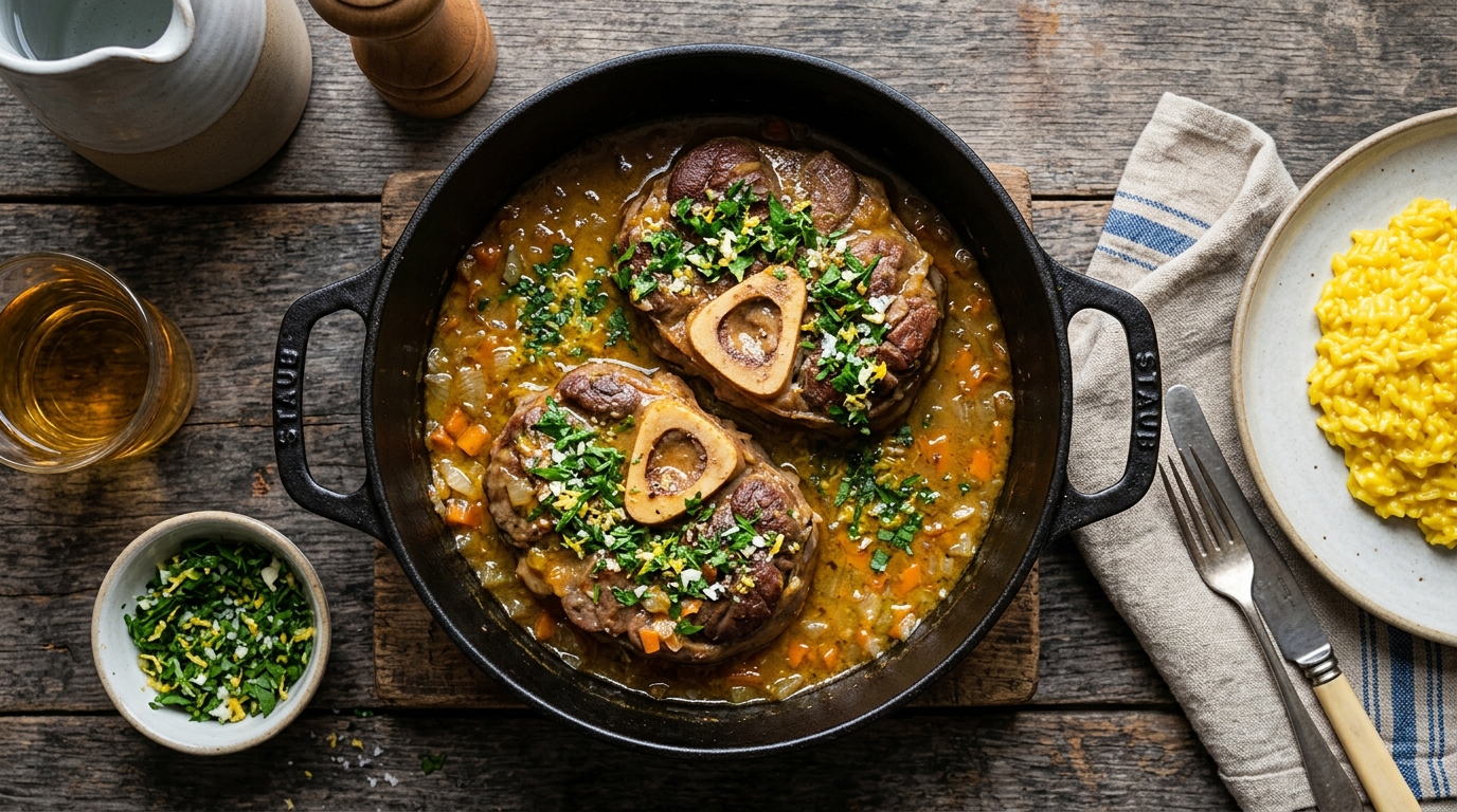 découvrez notre recette authentique d'osso bucco de veau à la milanaise, servie sans tomates et accompagnée d'une gremolata fraîche et parfumée pour un plat savoureux et traditionnel.