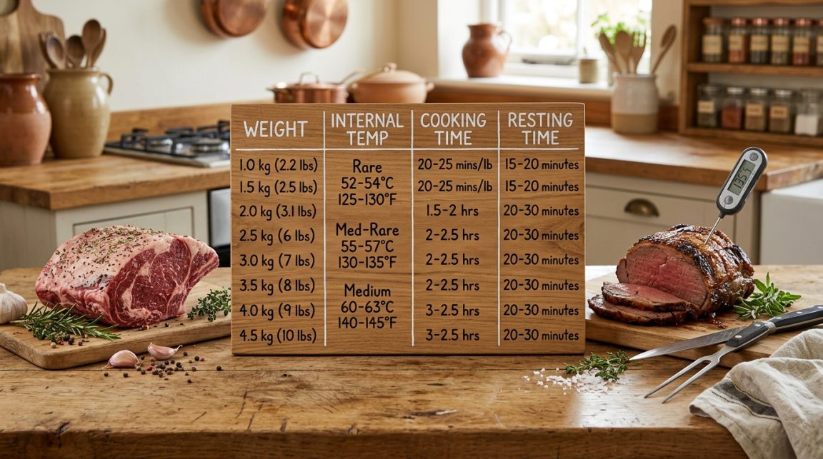 découvrez le temps de cuisson idéal du rosbif selon son poids, la température à cœur recommandée et le temps de repos nécessaire, avec un tableau pratique pour réussir votre rôti à la perfection.