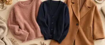 Pull rose, gilet bleu marine et manteau caramel pour l’automne-hiver