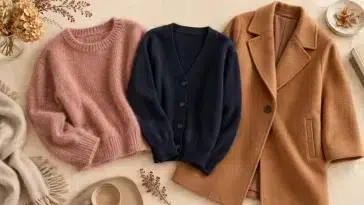Pull rose, gilet bleu marine et manteau caramel pour l’automne-hiver